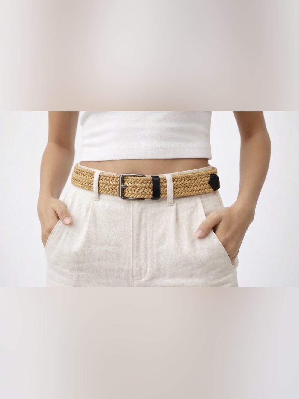 Unisex Eddie Bauer adjustable rope knit belt in cream/chestnut leather sz L
